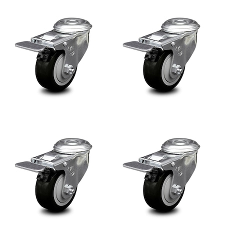 Service Caster 3 Inch Black Polyurethane Swivel Bolt Hole Caster Set with Total Lock Brake SCC SCC-BHTTL20S314-PPUB-BLK-4